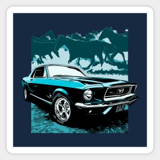 Blue 1968 Ford Mustang with Horses Magnet